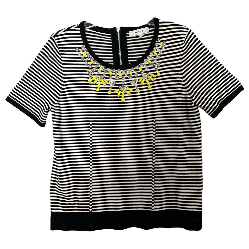 Milly Striped Knit Sweater Top Size L Jeweled Neckline Preppy Career Clean Girl